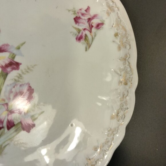 Antique Weimar Floral Porcelain Plate Germany Pink Irises Gold Scalloped 12 Inc - Picture 5 of 9